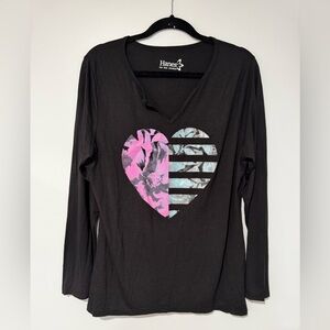 3 for $10 Hanes Blue And Pink Floral Heart Notch Neck Long Sleeve Black Tee XL